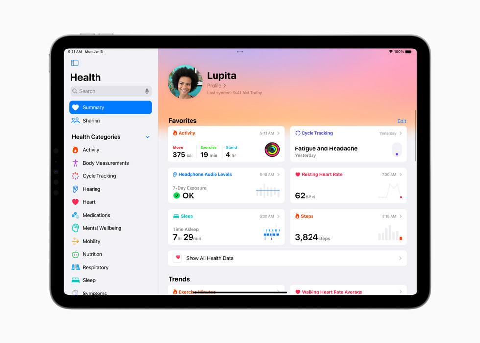 在 iPad Pro 上展示「健康」app 的摘要。