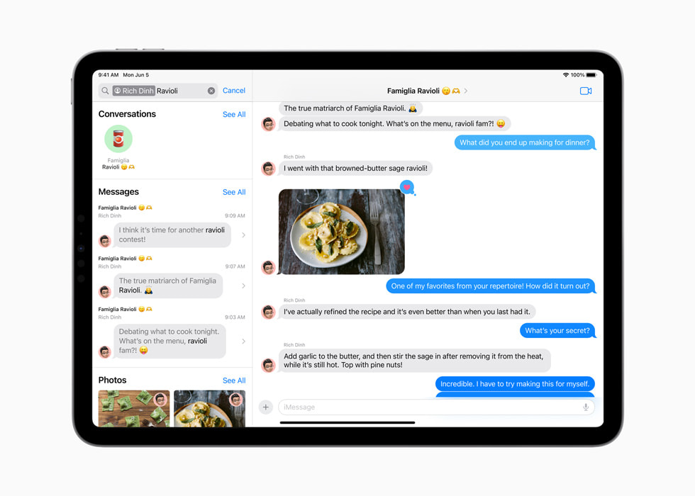 在 iPad Pro 上展示於「訊息」app 與「Rich Dinh」的對話中中，搜尋「意大利雲吞」(Ravioli) 的結果。