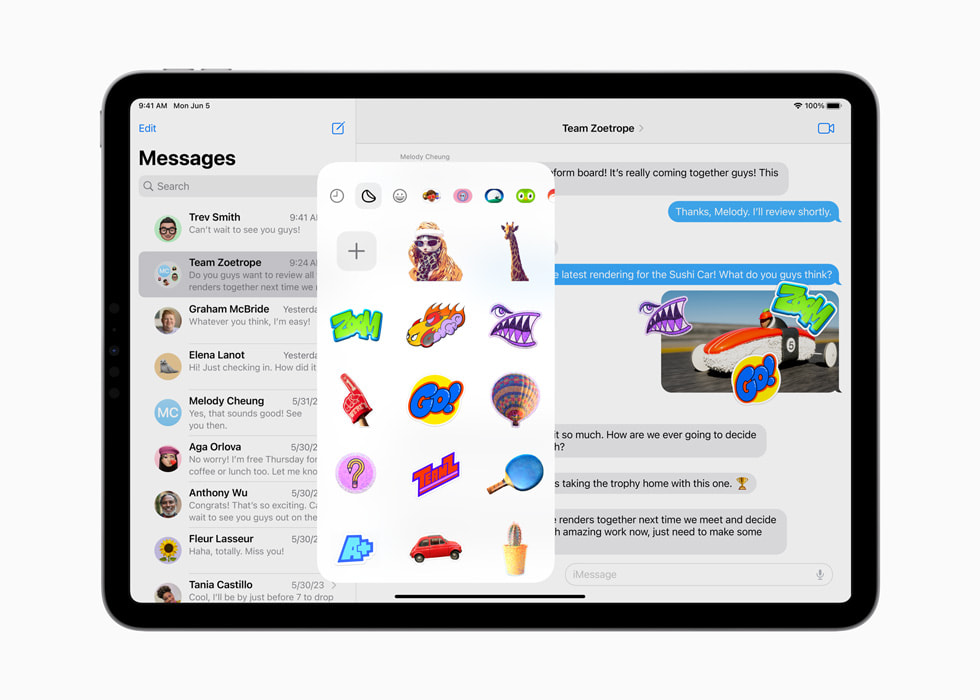 iPad Pro shows a collection of stickers in Messages.