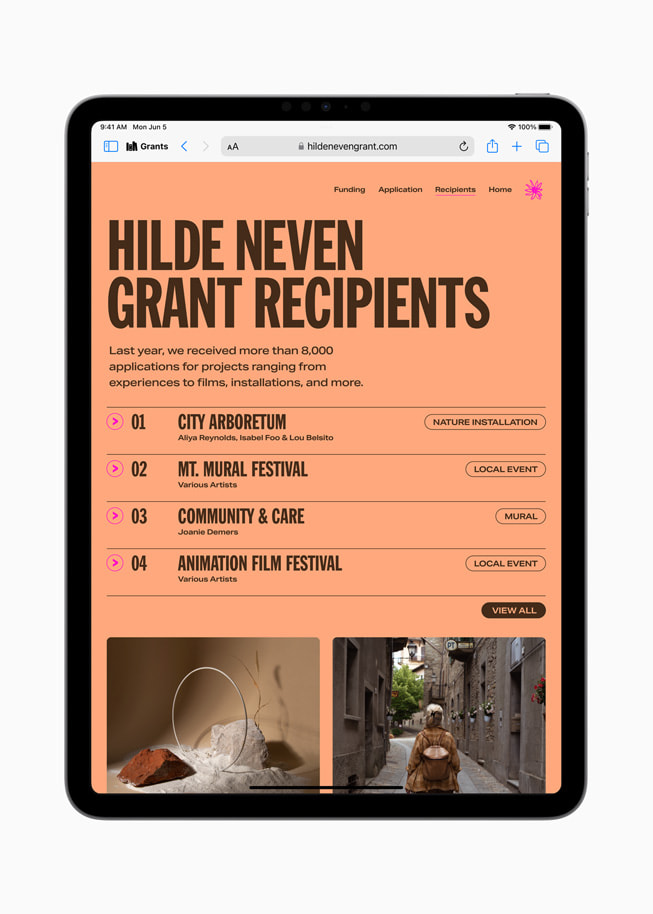 iPad Pro shows a “Grants” profile with a website about grant recipients on the screen.