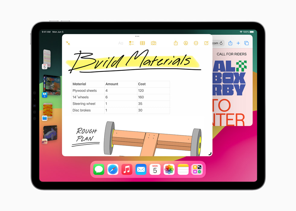 在 iPad Pro 上展示五個已開啟的視窗。