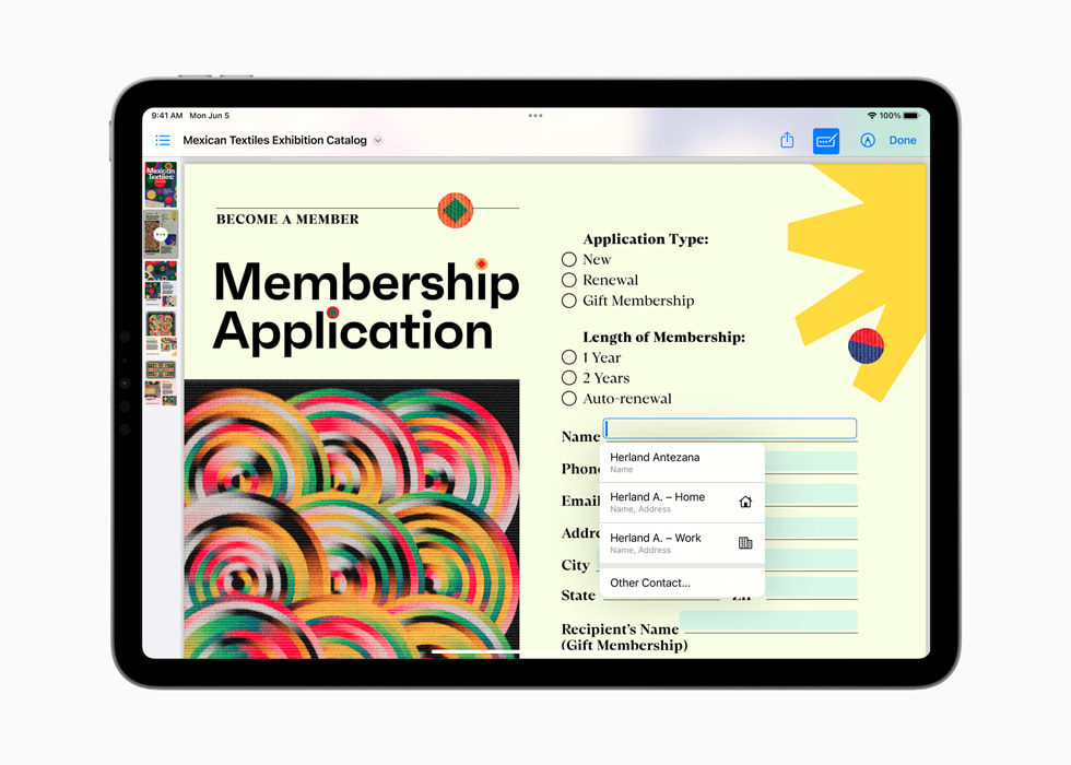 在 iPad Pro 上展示以 PDF 的「自動填寫」功能填寫會員申請表格。