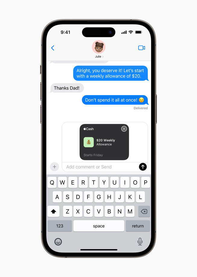 iPhone 14 Pro som visar ett meddelande som skickas till Julie om en veckopeng på 20 USD i Apple Cash.