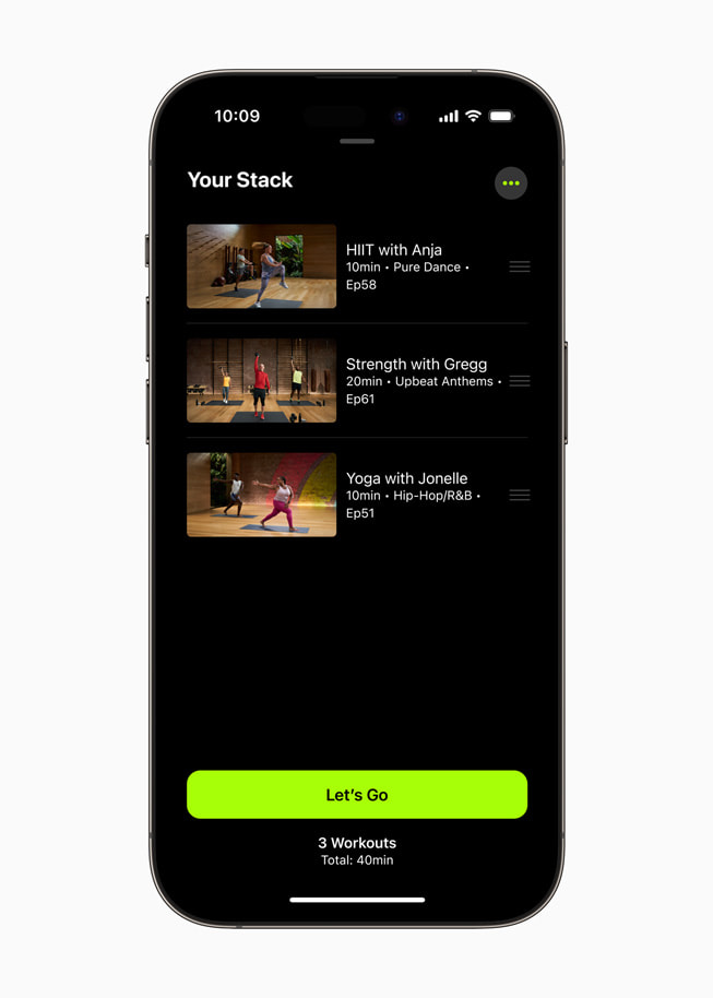 iPhone 14 Pro shows a Stack with multiple Apple Fitness+ workouts, including HIIT, Strength and Yoga.
