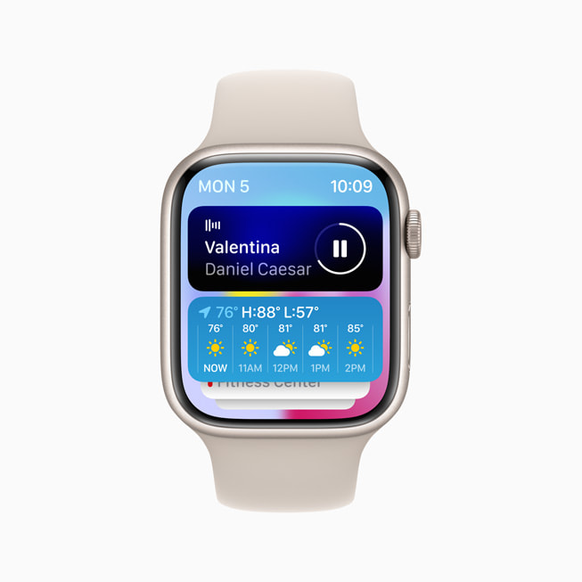 Apple Watch Series 8 shows the new Smart Stack with both currently playing music and the day’s weather forecast displayed on top.