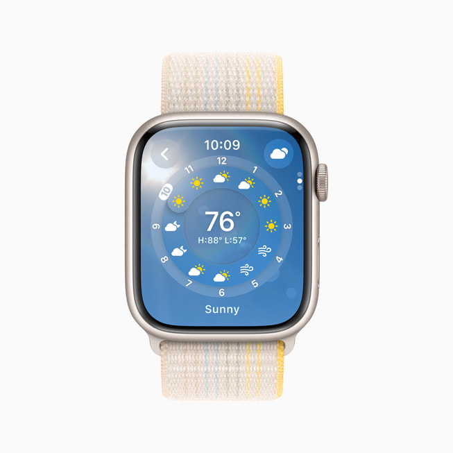 Apple Watch Series 8 shows the Weather app.