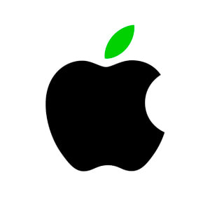 Apples miljölogotyp med ett grönt blad visas.
