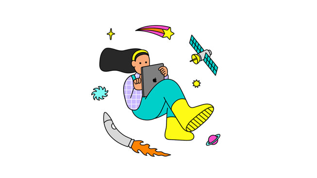 Illustration einer im Raum schwebenden Frau mit einem iPad.
