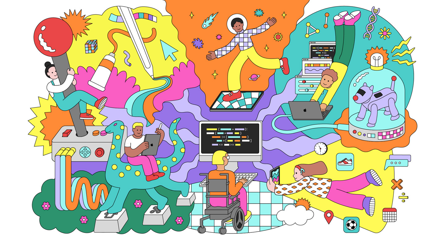 Ilustración abstracta de los creadores de apps y sus apps.