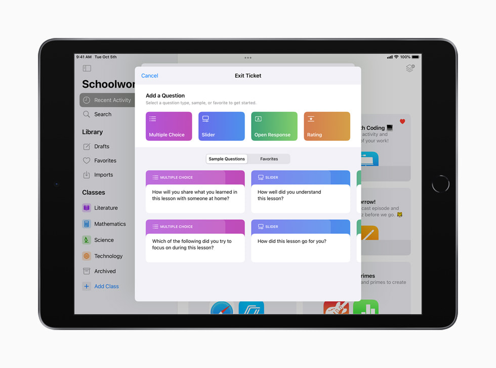 An exit ticket template is shown in the Schoolwork app on iPad.