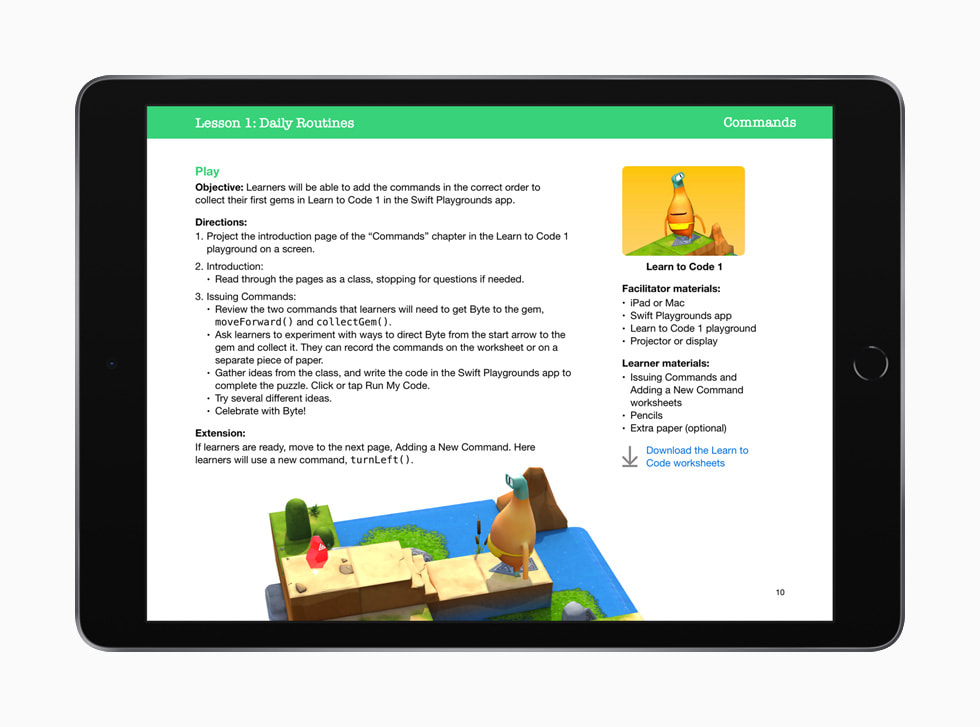 A lesson on writing commands in the Swift Playgrounds app is shown in Everyone Can Code Early Learners on iPad.