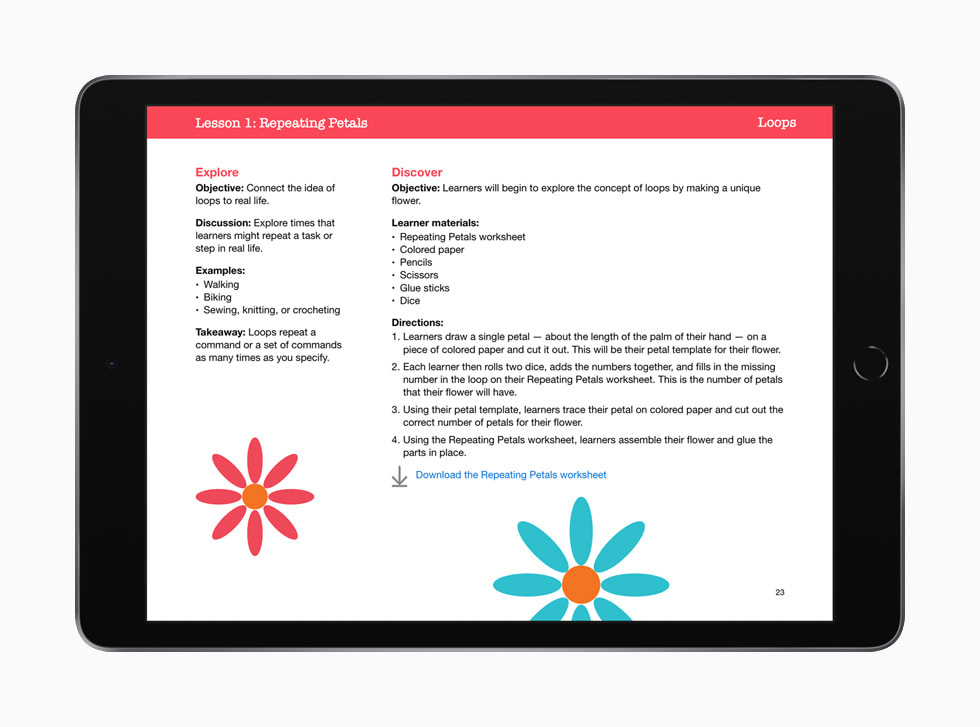 Activité 1 : Répétition de pétales de fleur dans Le code à la portée de tous Jeunes codeurs, présentée sur iPad.