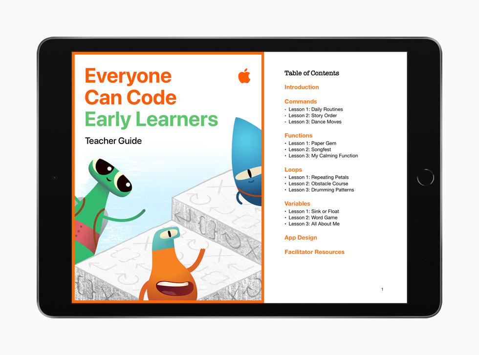 Table des matières du guide d’enseignement Le code à la portée de tous Jeunes codeurs affichée sur iPad.