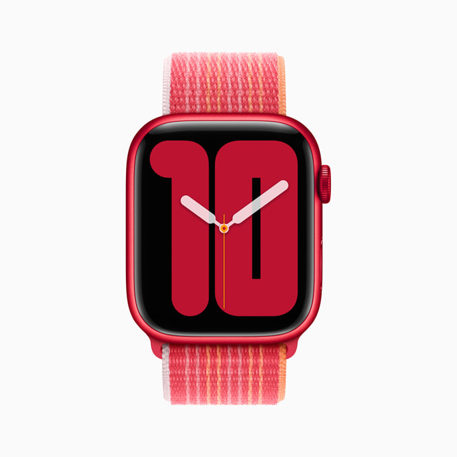 Rode wijzerplaat ‘Cijfers mono’ op een (PRODUCT)RED Apple Watch Series 8 met aluminium kast en geweven sportbandje.