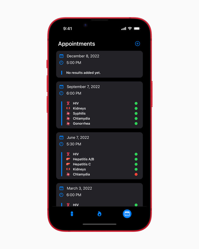 Preppy+ app’s Appointments page on iPhone 14 in PRODUCT(RED).