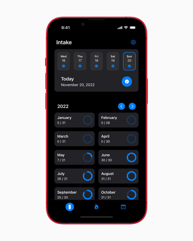 Se muestra la página de "Intake" en la app Preppy+ en un iPhone 14 PRODUCT(RED).