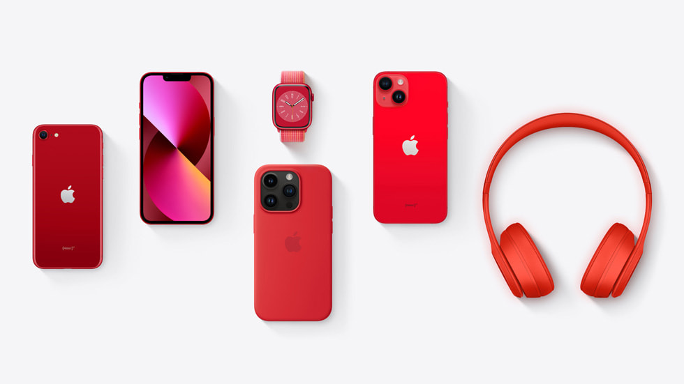 Et udvalg af (PRODUCT)RED-produkter og -tilbehør fra Apple.