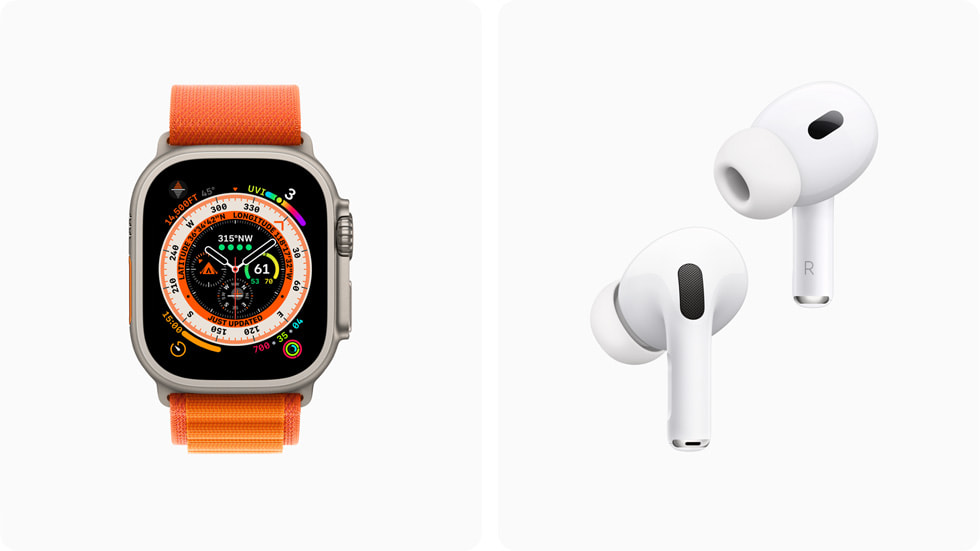 Se muestran el Apple Watch Ultra y los AirPods Pro (segunda generación).