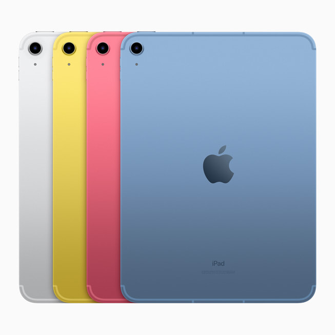 L’iPad dans les finitions argent, jaune, rose et bleu.
