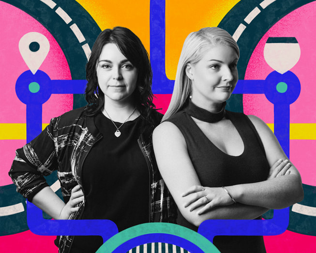 Dinosaur Polo Club’s Niamh Fitzgerald and Chantelle Cole are shown in black-and-white against a colorful illustrated background.