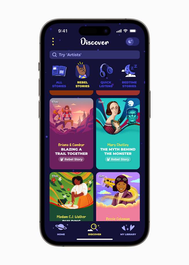 The “discover” page in the Rebel Girls app shows stories about Briana and Camber, Mary Shelley, Madam C.J. Walker, and Bessie Coleman.