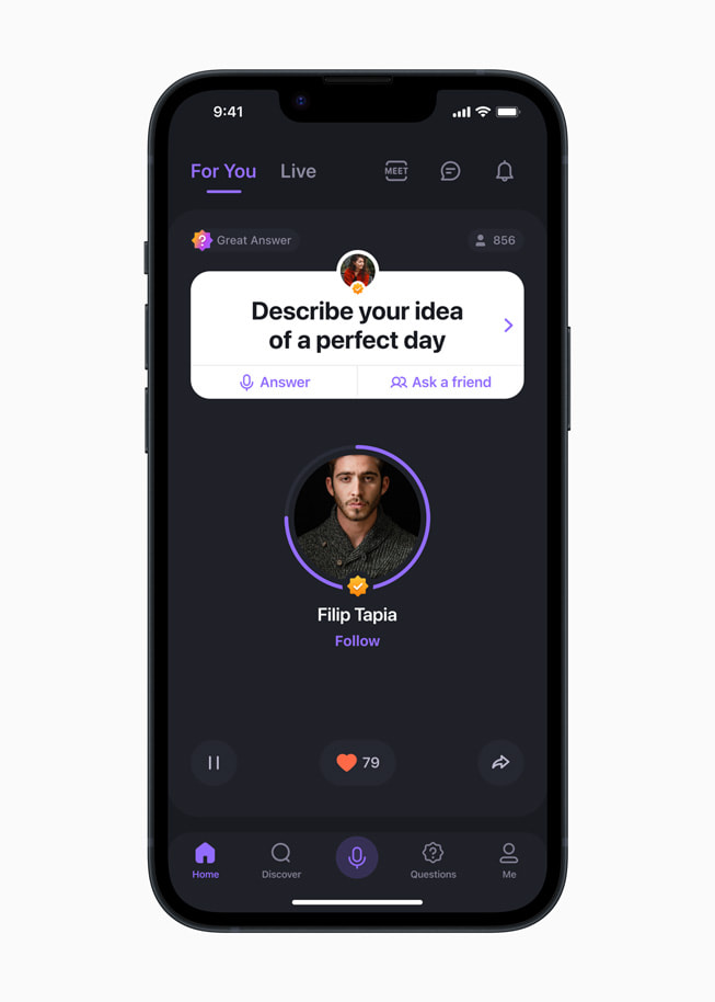 The Wisdom app shows a conversation prompt that reads “Describe your idea of a perfect day.”
