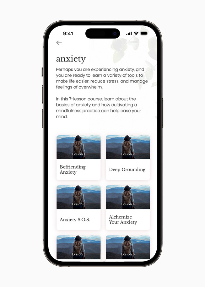A screen from the Mindful Mamas app on iPhone 14 Pro talks about anxiety and offers the user a series of lessons to choose from on the topic.
