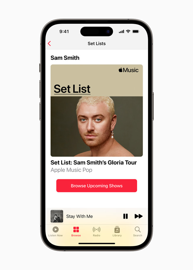 Se muestra el Set List de Sam Smith en Apple Music en un iPhone 14 Pro. 