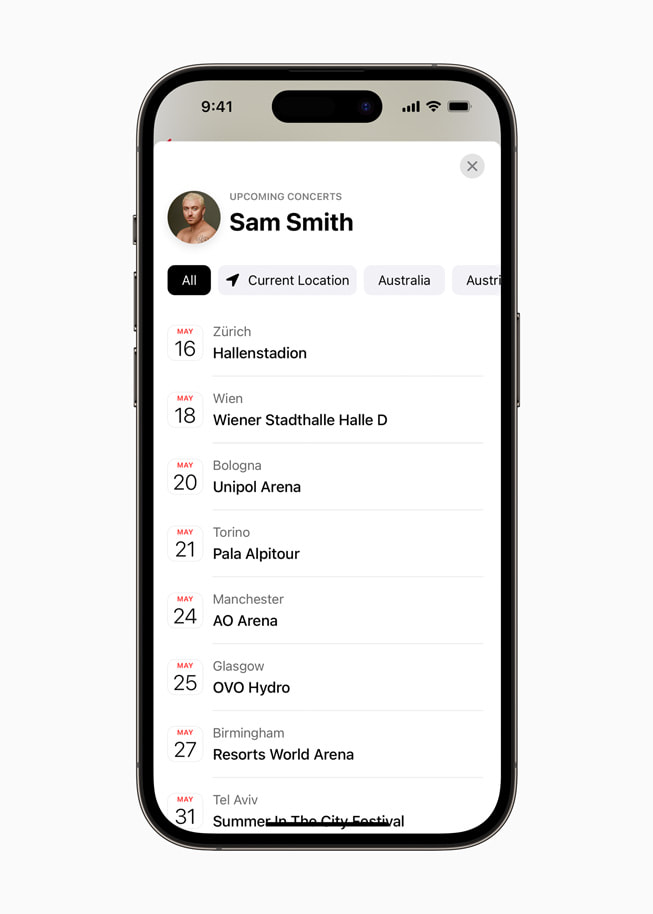 Se muestra la funcionalidad para explorar conciertos en Set Lists de Apple Music, en un iPhone 14 Pro.