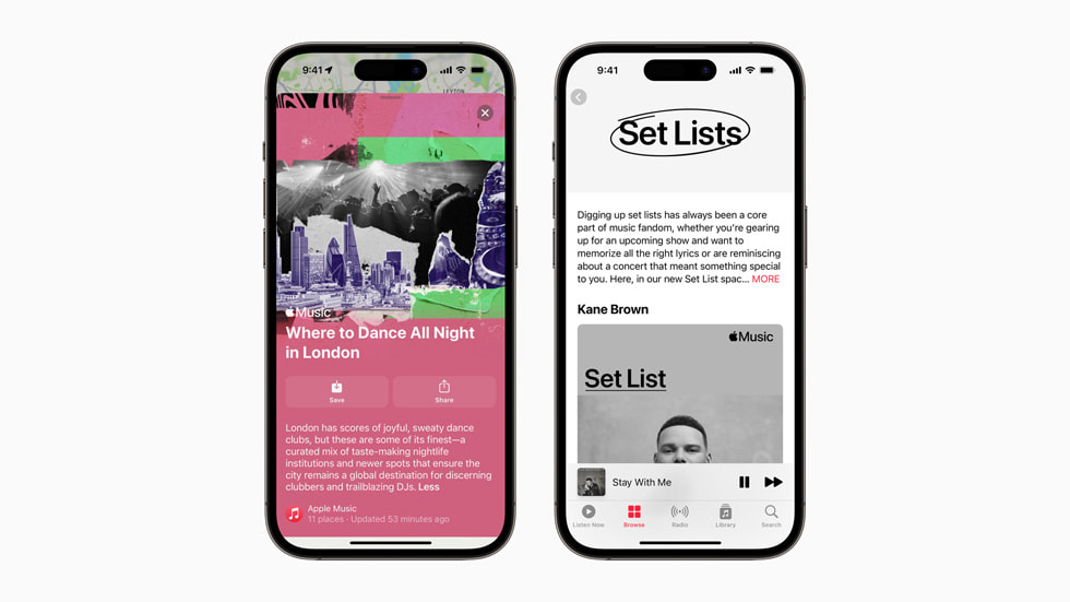 Se muestran las funcionalidades Apple Music Guides y Set Lists en dos iPhone 14 Pro.