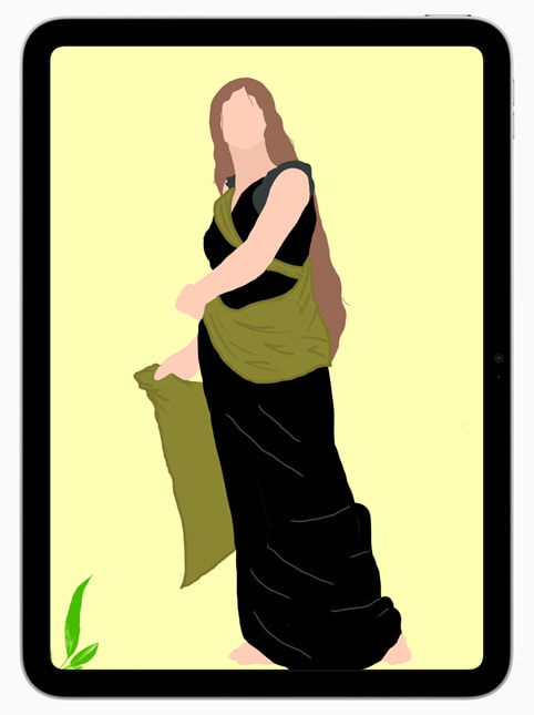 學生 Angie Ibarra 的電腦繪圖作品顯示在 iPad 螢幕上。這幅畫描繪一名文藝復興時期風格的人物，身穿黑色連身裙，以淡黃色背景呈現。