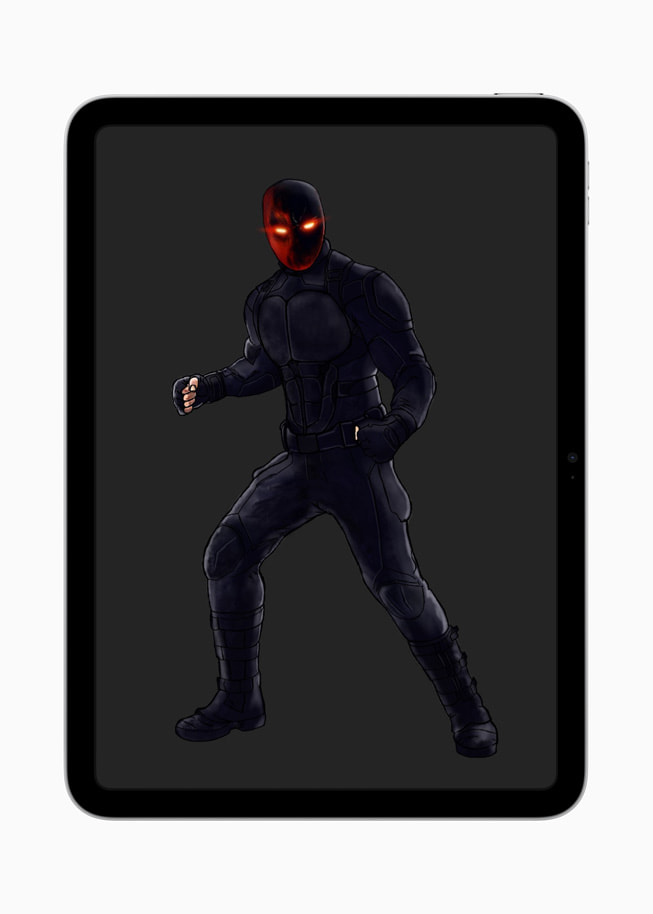 Un disegno digitale dello studente Matthew Rada che mostra la figura di un supereroe con una maschera e gli occhi rossi che scintillano. Il personaggio è vestito di nero dalla testa ai piedi.