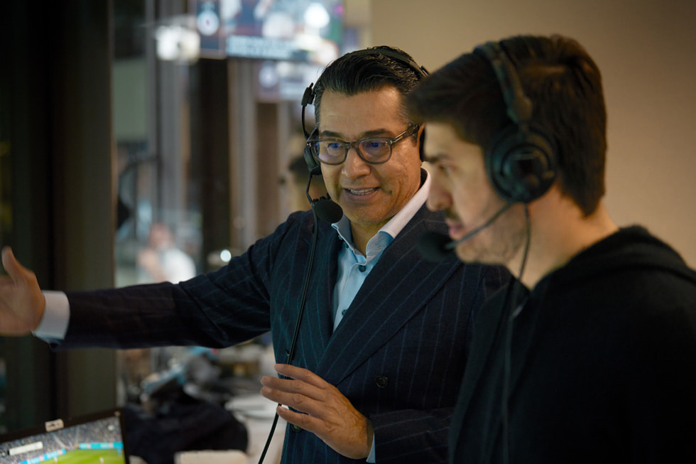 Spanish-language broadcasters Martín Zúñiga (left) and Rodolfo Landeros call the LAFC match against New England Revolution.