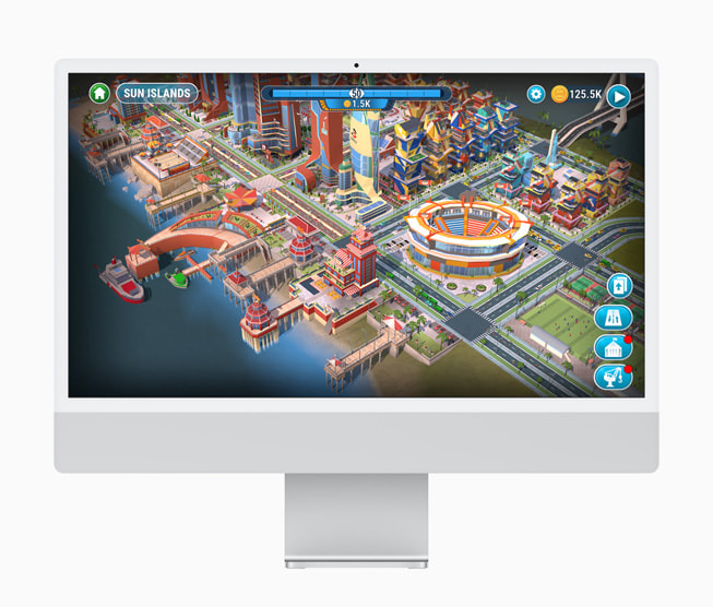 En una iMac, se muestra una imagen del juego Cityscapes: Sim Builder con una vibrante ciudad llamada Sun Island.