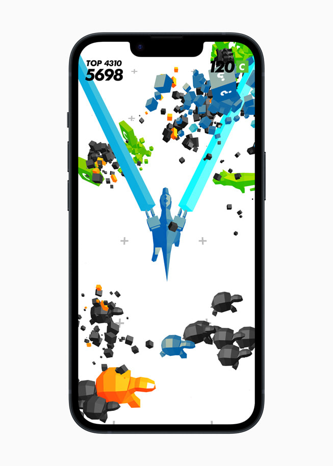 On iPhone 14, a still from the game Time Locker+ shows two lasers shooting obstacles in space.