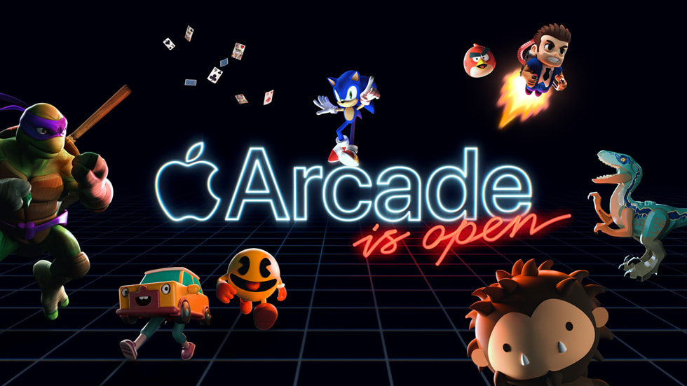 Visuel représentant des personnages tels que Sonic le hérisson et Donatello des Tortues Ninja, avec un texte indiquant qu’Apple Arcade est ouvert.