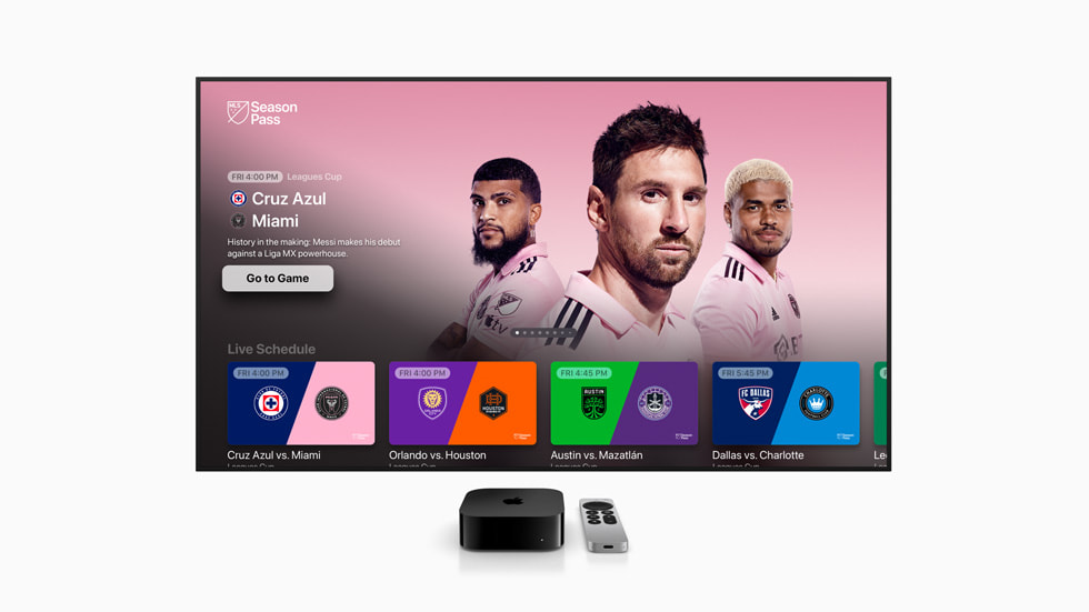 Apple TV 畫面上展示 MLS Season Pass。