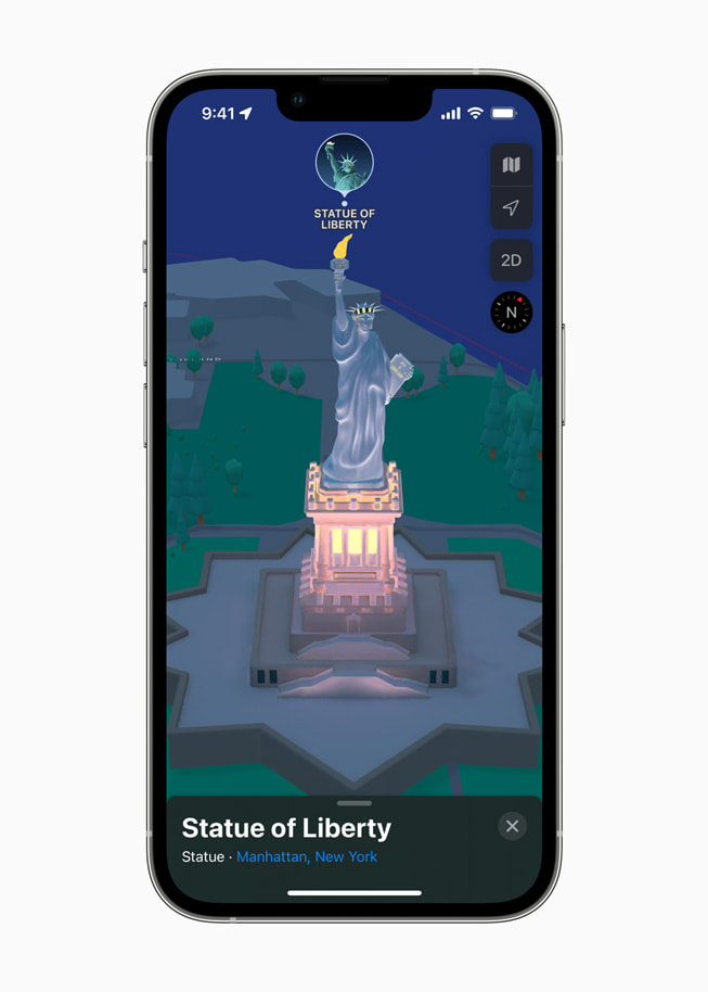 3D-karta över frihetsgudinnan i Kartor på iPhone 13 Pro.