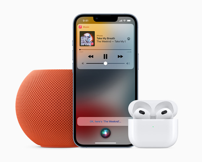 HomePod mini, iPhone 13 Pro, and AirPods 3 integrated with Apple Music Voice Plan.