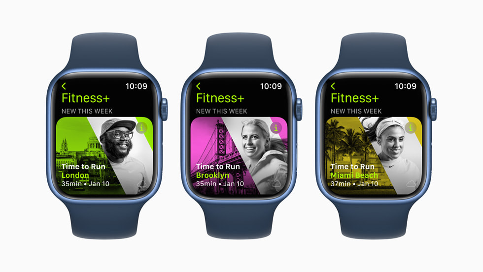 Tres dispositivos Apple Watch Series 7 con episodios de Hora de Correr en Londres, Brooklyn y Miami Beach.
