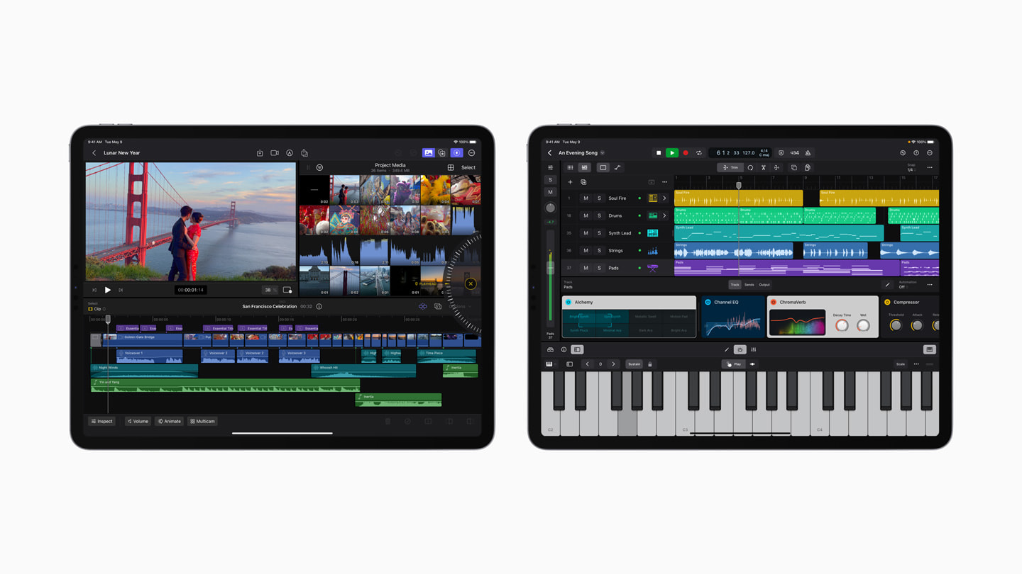 Final Cut Pro 和 Logic Pro 呈現在兩台 iPad 裝置上。 