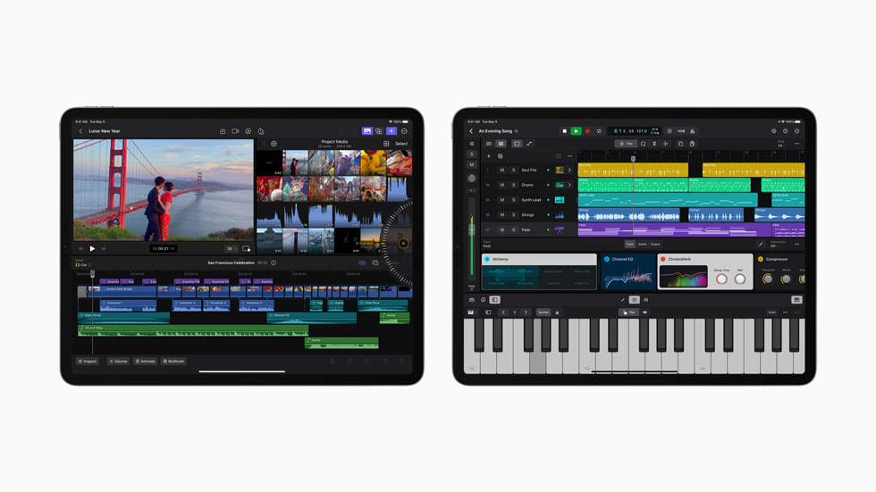Final Cut Pro and Logic Pro for iPad are shown on two iPad devices.