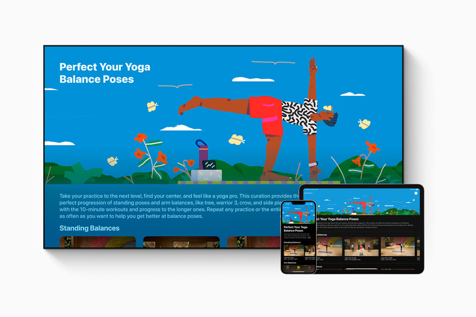Phone 13 Pro, iPad Pro, and a smart TV showing yoga balance poses on Collections through Fitness+.