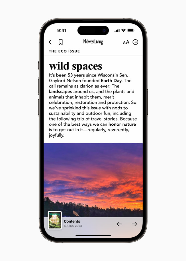The Midwest Living Eco Issue in Apple News reads “Wild Spaces,” and shows a person kayaking on a river at sunset.