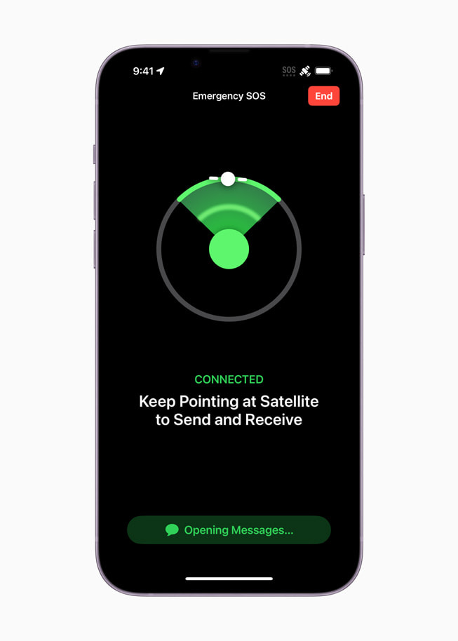 Ein iPhone zeigt Notruf SOS über Satellit über die intuitive Benutzeroberfläche.
