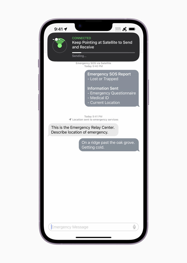 A screen in Emergency SOS shows a user’s chat with an emergency relay center.