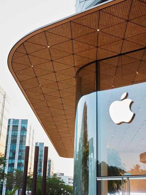 A close-up shot of the timber exterior canopy at Apple BKC.