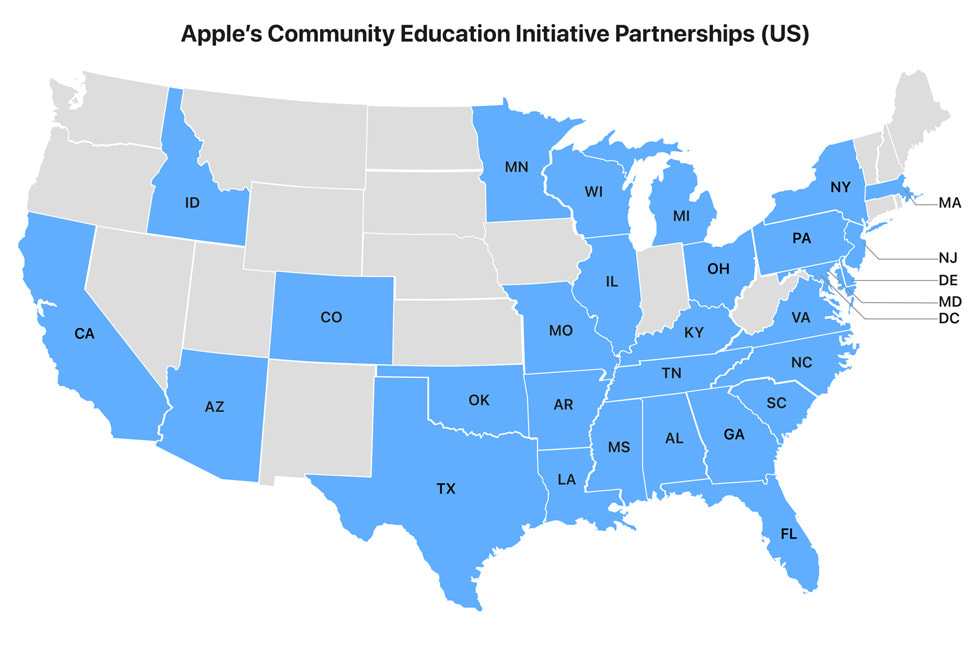 Mapa com o nome “Apple’s Community Education Initiative Partnerships” (Parcerias da Iniciativa de Educação Comunitária da Apple) destaca os 29 estados onde a Apple tem parcerias.
