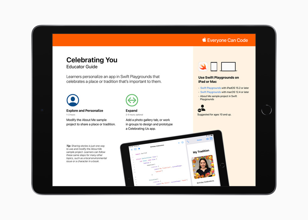 ภาพที่แสดงคู่มือสำหรับนักการศึกษา "เฉลิมฉลองให้ตัวคุณเอง" ของ Swift Playgrounds ใน iPad