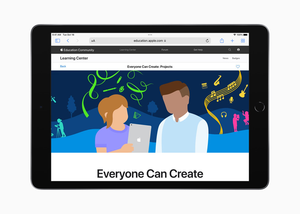 مركز "الإبداع في متناول الجميع" في موقع مجتمع Apple التعليمي على iPad.